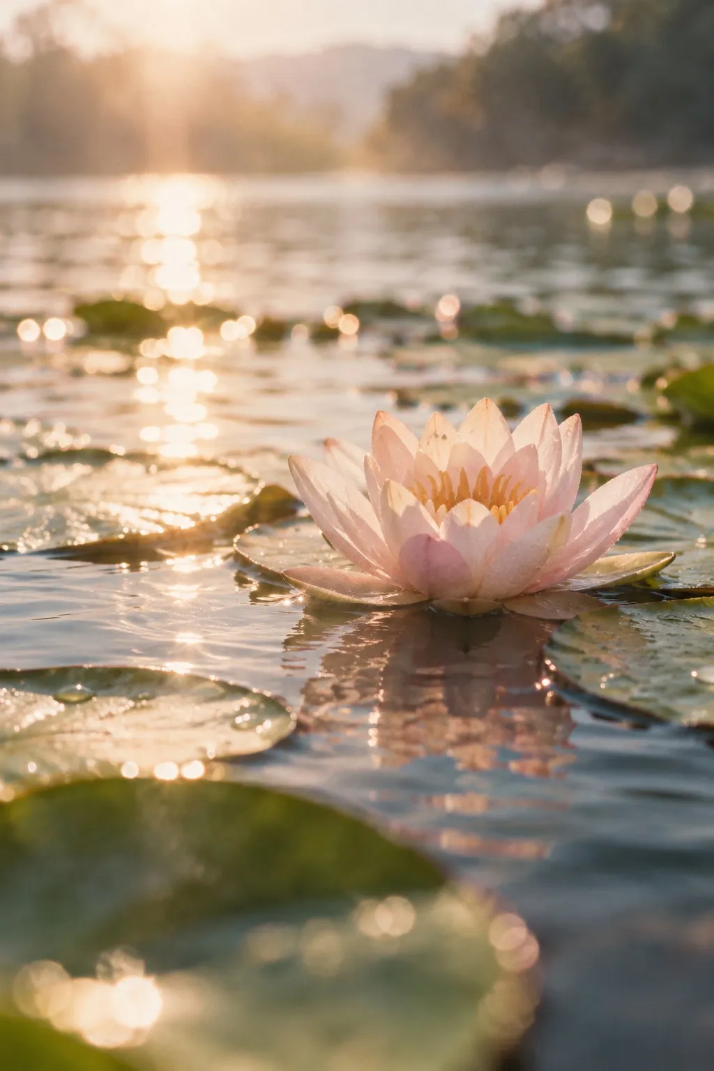 A pink lotus flower on still water at sunset