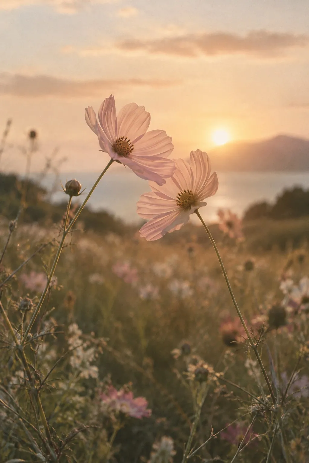 Pink cosmos flowers in a meadow at sunset