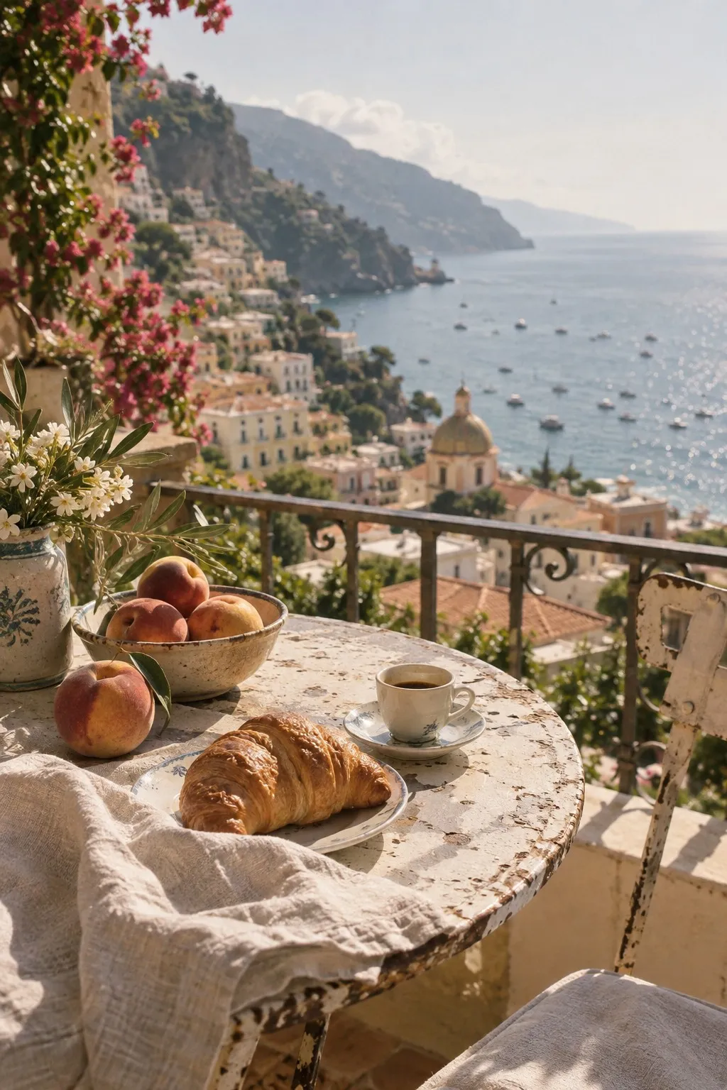 A sunny terrace above the sea with peaches and a coffee