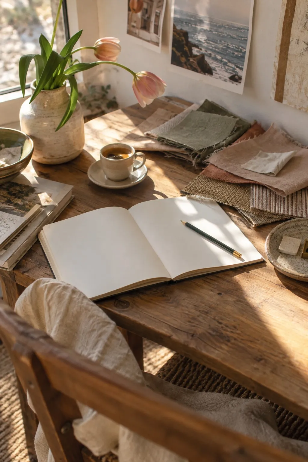 An open notebook on a wooden desk beside a cup of coffee