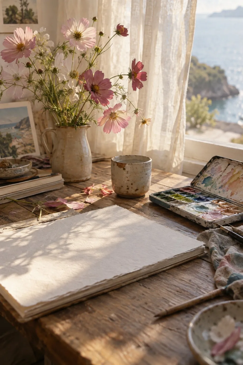 A sketchbook and watercolours on a desk by a window with flowers