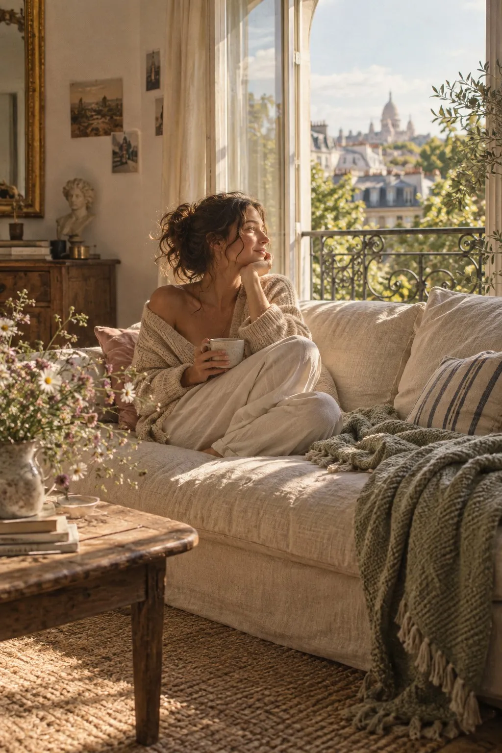 A sunlit living room with a woman relaxing by an open window