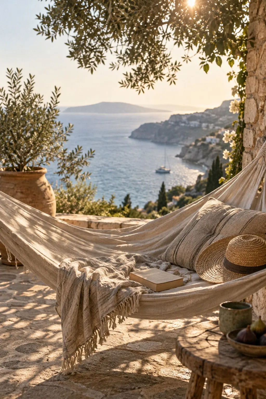 A hammock under olive trees overlooking a blue bay