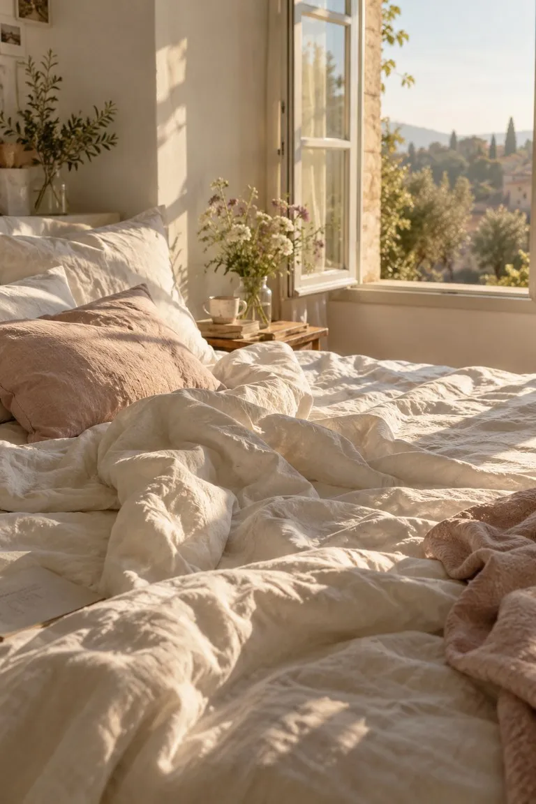 Soft morning light on an unmade bed by a window
