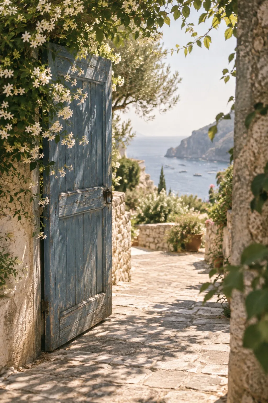 An open blue door leading to a garden path by the sea
