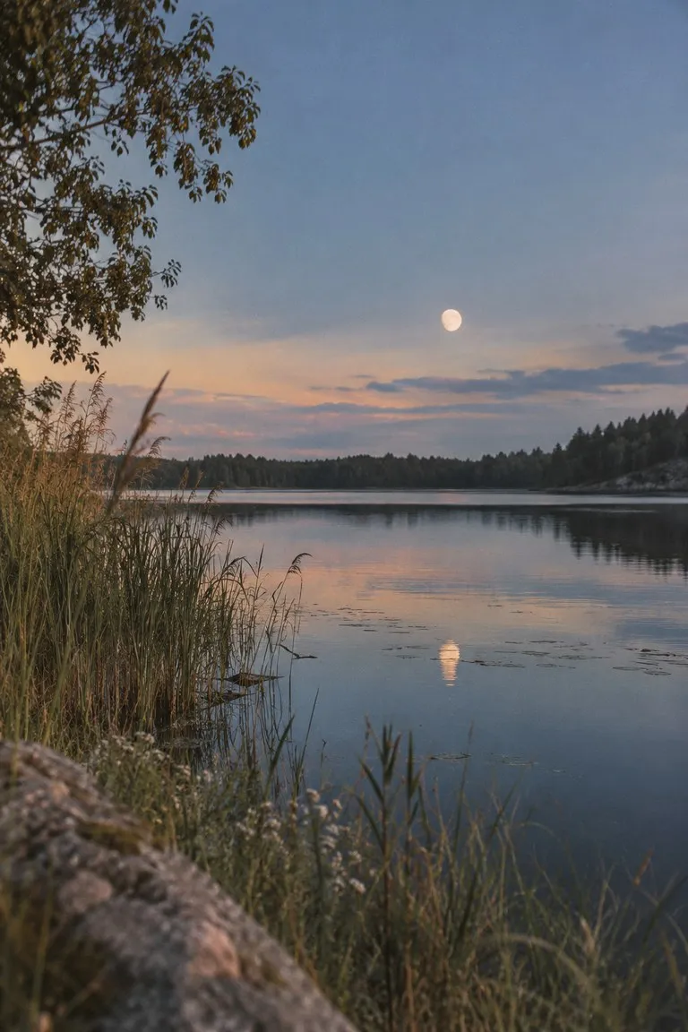 A still lake under a moonlit evening sky