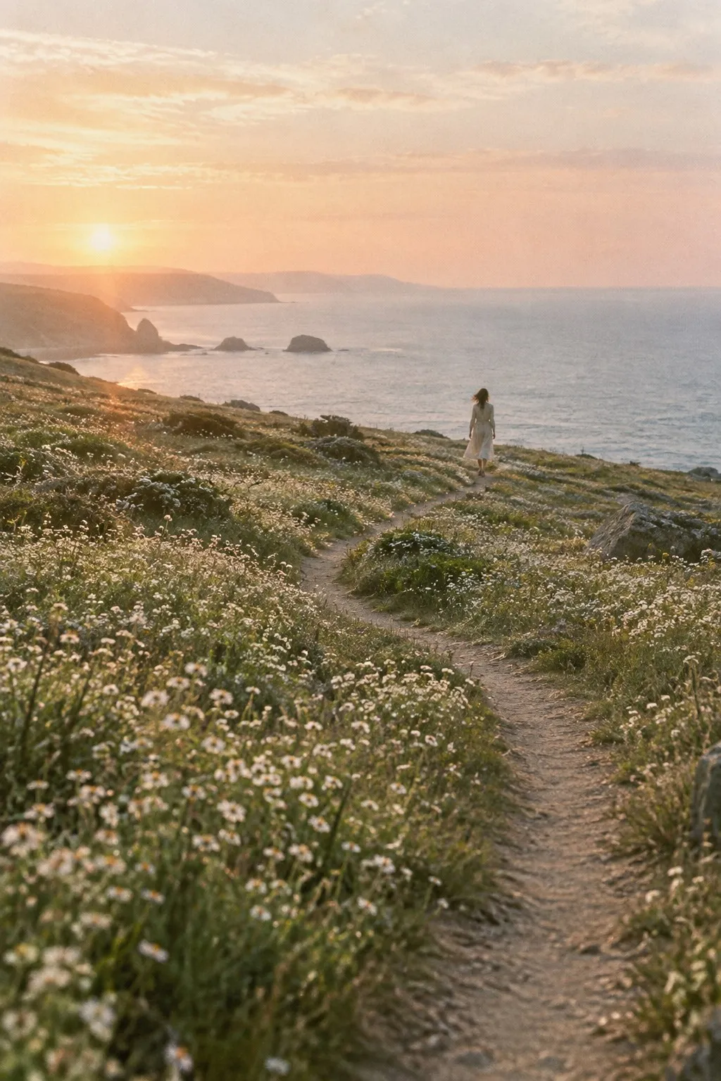 A coastal path through wildflowers at golden hour